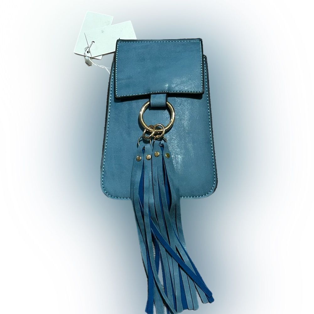 AR New York Cell Phone Fringe Blue Faux Leather Crossbody Purse NWT